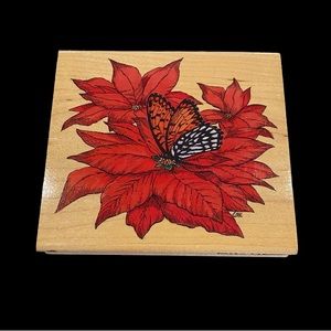 Vintage Large 5” Stamp Butterfly Monarch Poinsettia Christmas Wood Rubber Crafts